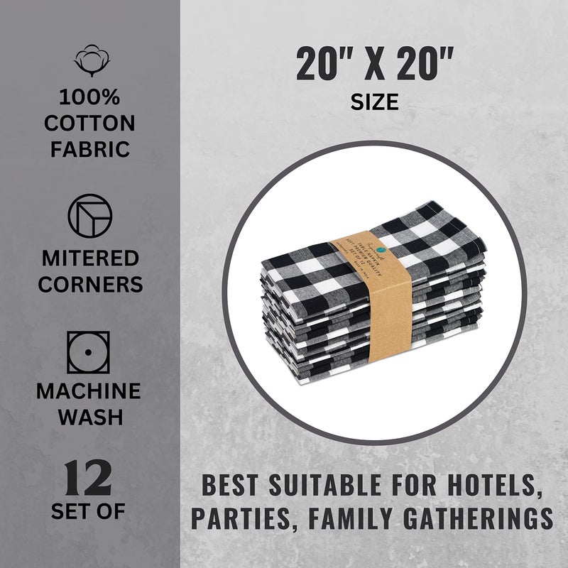 FINGERCRAFT Cloth Napkins, Everyday Use, Premium Quality, Cotton Buffalo Plaid, Set of 12, 20X20 Inch Oversized Napkins Cloth Mitered Corners, Soft, Durable Hotel Quality Black White Checkered - Image 5